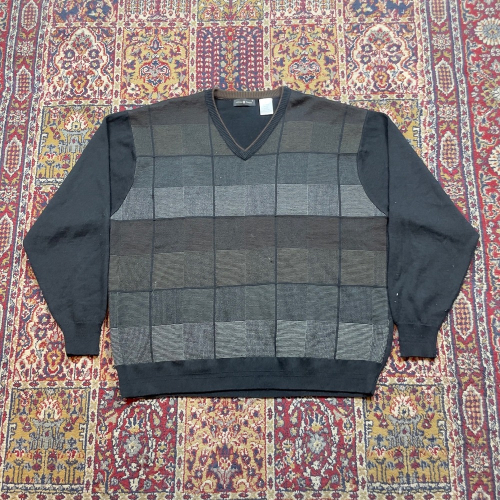 VTG 90s Cotton Traders XXL V Neck Sweater Black Brown‎ Plaid Pattern Wool Blend